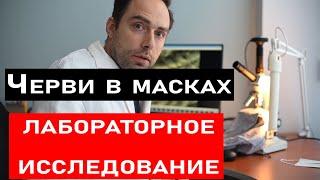 Ученый исследует червей в масках с помощью микроскопа, а также  на других предметах личной гигиены.